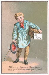Jongen bezorgt geschenkenmand, Kerstkaart