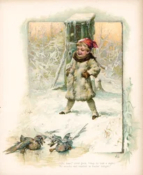 Jongen kijkt naar eenden in de sneeuw