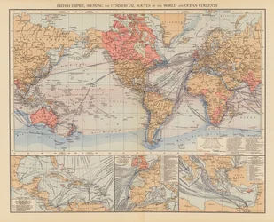 Britse Rijk, met de handelsroutes van de wereld en oceaanstromen