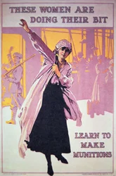 Britse poster van de Eerste Wereldoorlog om vrouwen aan te moedigen in munitiefabrieken te werken, ca. 1914-18