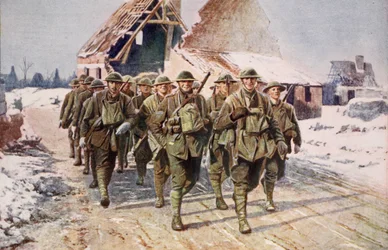 Britse troepen op mars in winterse omstandigheden