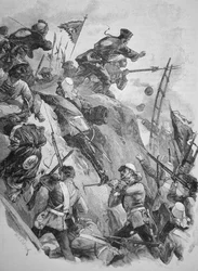 Britse troepen bestormen de Taku-forten in China in 1860 tijdens de Opiumoorlogen