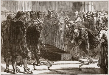 Begrafenis van Luther in de Schloss-Kerk, Wittenberg, illustratie uit De Geschiedenis van het Protestantisme door James Aitken Wylie, gepubliceerd in 1878