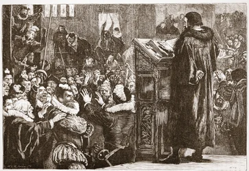 Calvijn bedreigd in de kerk van Rive, illustratie uit De Geschiedenis van het Protestantisme door James Aitken Wylie, gepubliceerd in 1878