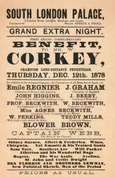 Kapitein Webb, de held van het Kanaal, Corkey de voetganger, de Beckwiths (zwemmers) en anderen in het South London Palace, 1878