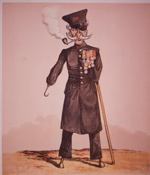 Karikatuur van Chelsea-pensionaris van het Royal Hospital, uit 