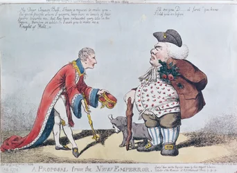 Karikatuur die Napoleon belachelijk maakt ten tijde van de Proclamatie van Napoleon als Keizer op 18 mei 1804, 9 juli 1804