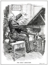 Spotprent die Lloyd George hekelt als de Grote Improvisator of leider van de Improvisa-Tories, juni 1920