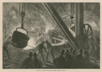 Gieten van een cilinder voor de nieuwe Albert Bridge in Chelsea