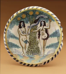 Schotel met het Bijbelse verhaal van Adam en Eva in de Hof van Eden, ca. 1680