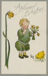 Kind plukt narcissen (kleurenlitho)
