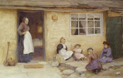 Kinderen die Dobbelstenen Spelen bij een Huisje