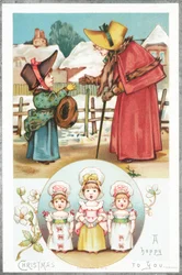 Kerstgroeten en meisjes zingen, kerstkaart