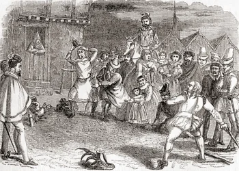 Haanwerpen, ook bekend als hanenschrikken of werpen naar hanen, uit Old England: A Pictorial Museum, gepubliceerd in 1847