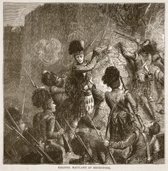 Kolonel Maitland bij Bhurtpore, illustratie uit Cassells Geïllustreerde Geschiedenis van India door James Grant, uitgegeven 1879