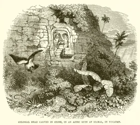 Kolossaal hoofd uitgehouwen in steen, in een Azteekse ruïne in Izamal, Yucatan