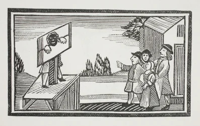 Veroordeeld om een uur of langer in de schandpaal te staan, illustratie uit Chap-books van de achttiende eeuw door John Ashton, uitgegeven 1882