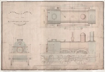 Constructietekening, 0-4-2 locomotief en tender door R. en W. Hawthorn en Co. voor de Stanhope en Tyne Railway Co