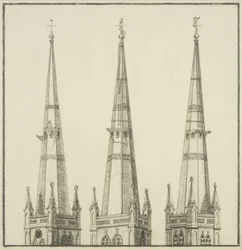 Kopie van een tekening van de torenspits van Sint-Nicolaas, die de verwijdering van de windhaan toont