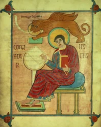 St. Marcus zittend met zijn symbool, uit de Lindisfarne-evangeliën, 710-721