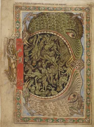 De kaken van de hel vastgemaakt door een engel, uit de Psalter van Hendrik van Blois, c.1121-61