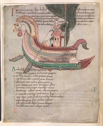 Cotton Tiberius B. V, Deel 1, f.40v, Een schip, met toren en een slangenkop