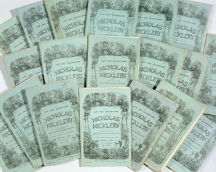 Omslagen van de maandelijkse uitgaven van Het leven en de avonturen van Nicholas Nickleby door Charles Dickens (1812-70), gepubliceerd in 1839