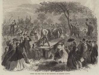 Het Eerste Turf van de Chichester en Midhurst Spoorweg snijden (gravure)