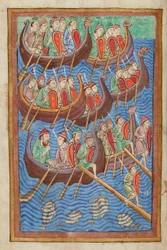 De Denen onder Hinguar en Hubba landen in Groot-Brittannië, uit de Miscellany over het leven van St. Edmund, Bury St Edmunds, ca. 1130
