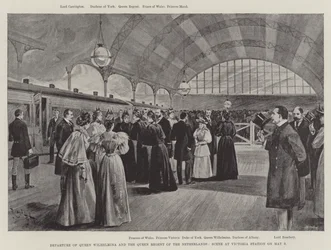 Vertrek van koningin Wilhelmina en de koningin-regentes van Nederland, scène op Victoria Station op 9 mei (litho)
