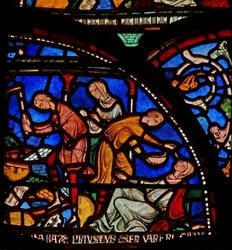 Detail (het wonderraam) met de moeder van Geoffrey van Winchester die bidt tot St. Thomas