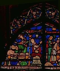 Detail uit het Wonderraam met St. Thomas die verschijnt aan de baby Geoffrey van Winchester