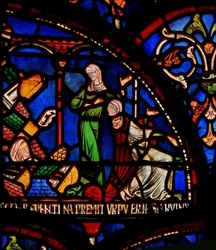 Detail (het wonderraam) met een muur die op de baby Geoffrey van Winchester valt