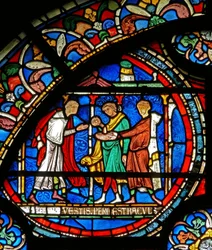 Detail van het Wonderraam met pelgrims die genezen worden bij het heiligdom van St. Thomas