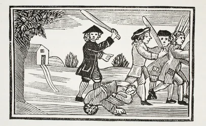 Dr. Faustus truc op twintig studenten, illustratie uit Chap-books of the Eighteenth Century door John Ashton, gepubliceerd 1882