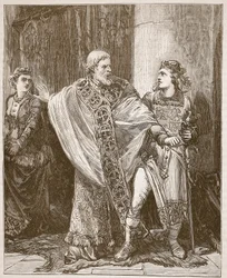 Dunstan die Edwy uit de aanwezigheid van Elgiva sleept, illustratie uit Cassells Illustrated History of England