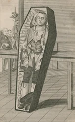 Earl Ferrers zoals hij in zijn kist lag in Surgeons Hall
