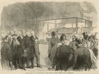 Earl Russell bij de opening van de Noord-Londense Tentoonstelling van Werkende Mannen