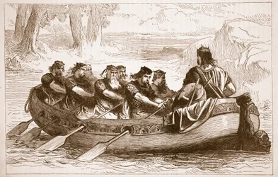 Edgar de Vredelievende die door acht onderdanige prinsen over de rivier de Dee wordt geroeid, illustratie uit Cassells Illustrated History of England