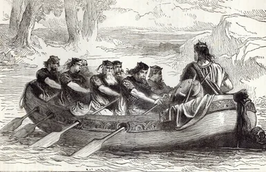 Edgar de Vredelievende wordt geroeid over de rivier Dee door Acht Tributaire Prinsen, illustratie uit 