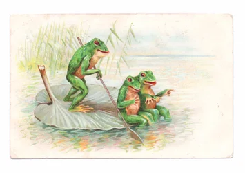 Edwardiaanse ansichtkaart van twee kikkers zittend op een waterlelieboot terwijl een derde roeit, ca 1910 (kleurenlitho)