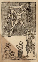 Nederlandse kolonisten in Amboyna martelen een Engelse koopman voorafgaand aan het bloedbad van 1623 dat een einde maakte aan de Britse handel in de Oost-Indië (houtsnede)