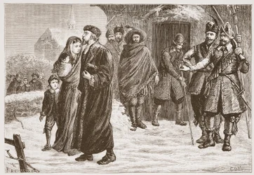 Verdrijving van een Hongaarse protestantse predikant in de winter, illustratie uit De Geschiedenis van het Protestantisme door James Aitken Wylie, 1878