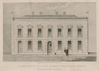 Opstand van het nieuwe London Missionary House, Blomfield Street, Finsbury