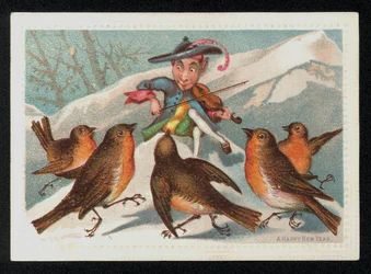 Elf met een viool die een groep roodborstjes vermaakt, nieuwjaarskaart