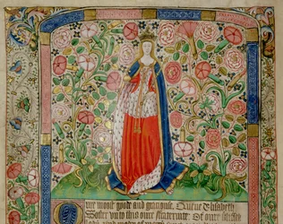 Elizabeth Woodville (ca. 1437-92) Koningin-gemalin van Koning Edward IV van Engeland (1442-83) (perkament) (detail)