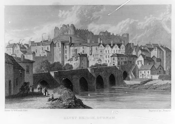 Elvet Bridge, Durham, gegraveerd door ? Frances naar W. Westall, 1829