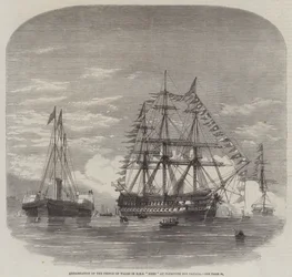 Inscheping van de Prins van Wales in HMS "Hero" in Plymouth voor Canada (gravure)