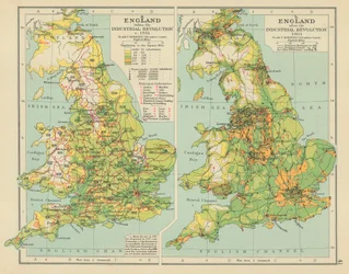 Engeland voor de industriële revolutie ca 1701. Engeland na de industriële revolutie 1911 (kleurenlitho)