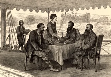 De Engelse ontdekkingsreizigers John Hanning Speke (1827-1864) en James Augustus Grant (1827-1892) in Gondokoro, Zuid-Soedan, aan het einde van hun expeditie, waar ze werden opgewacht door Samuel (1821-1893) en Florence (1841-1916) Baker (gravure)